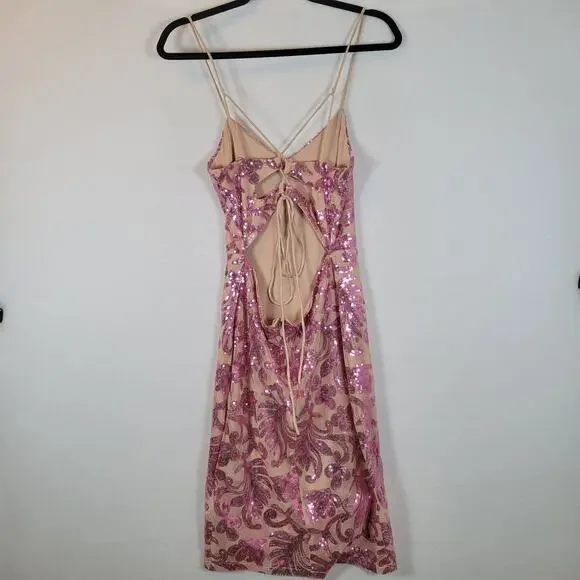 Bebe Women Sequin Open Back Sparkle Mesh Short Dress Size Medium Pink Y2k Barbie - Picture 13 of 14